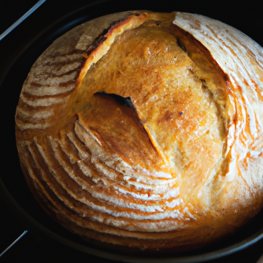 Freshly baked bread in a Dutch oven, with a golden crust and soft interior.