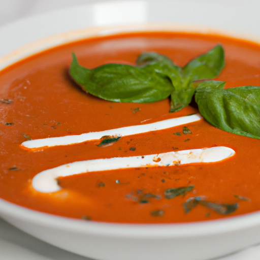 Creamy tomato basil soup served in a white bowl with a drizzle of olive oil and a sprinkle of torn basil leaves.