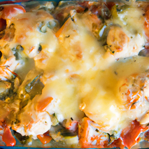 A colorful baked chicken and vegetable casserole with melted cheese on top.