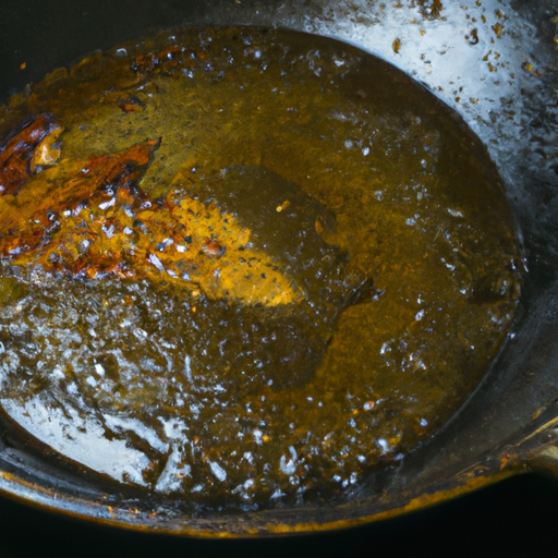 A cast iron skillet being seasoned with vegetable oil.