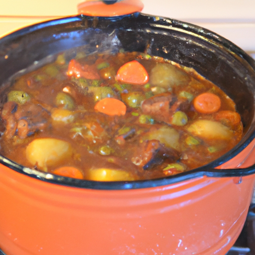 A delicious stew simmering in a colorful Dutch oven.