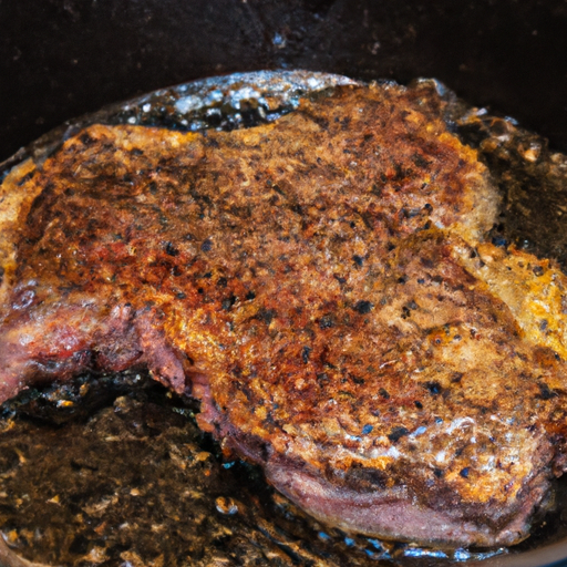 A sizzling steak being cooked in a cast iron skillet.