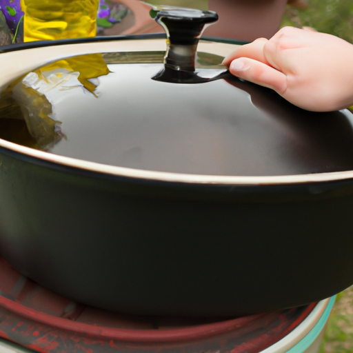 A person applying vegetable oil to the interior of a Dutch oven for seasoning.